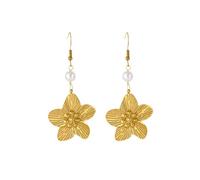 Gold Flower Dangle Drop Hook Earrings for Women Stainless Steel Faux Pearl Floral Dangling Huggie Hoops Earring Elegant Jewelry for Mom Wife