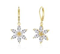 Gold Flower Dangle Earrings, ALEXCRAFT 14K Goldplated Flowers Dangling Drop Leverback Earring for Women Trendy Lightweight Elegant 9ct Gold Cubic Zirconia Flower Dangling Drop Earrings for Women