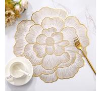 Gold Flower Placemats Set of 6, Metallic Pressed Vinyl Round Table Mats