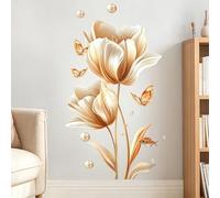 Gold Flower Wall Stickers, Metallic Tulip Butterfly Fish Bubbles Self-Adhesive Removable Wall Art for Living Room Bedroom Party Home Decor