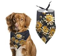Gold Flowers on Black Dog Bandanas for Feeding Grooming, Triangle Pet Bibs Washable Pets Scarf for Cats & Dogs
