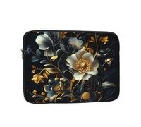 Gold Flowers On Black Pattern Laptop Sleeve 12 Inch Shockproof Protective Notebook Case Travel Laptop Bag for Men Women