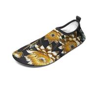 Gold Flowers on Black Water Shoes for Men Women, Lightweight Stretch Swim Shoes with Anti-Slip Rubber Sole, Quick-Dry Aqua Socks for Pool, Beach, Surfing, Style, 14 Women/14 Men