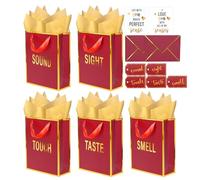 Gold Foil 5 Senses Gift Bags for Him Her with Labels Envelopes and Cards, Sight Smell Touch Taste Sound Gift Bags with Tissue Handle for Birthday, Anniversary, Mother's Day, Valentine's Day 9 x 7 x