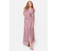 Maya Deluxe Women's Maxi Dress Ladies Wrap V-Neck Short Tiered Flutter Sleeve Gold Foil Jacquard Corsage A-line Prom Ball Gown, Orchid Pink, 12