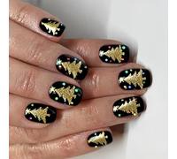 Gold Foil Christmas Press On Fingernail Tips 24Pcs Manicure Fingernails Short Coffin Form Artificial Nails Tips French Elegant Press On Nail Design