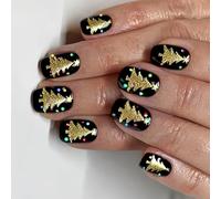 Gold Foil Christmas Press On Nails 24Pcs Coffin Tips With Snowflakes Design Short Artificial Nails Professional Daily Wear Nail