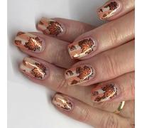 Gold Foil Leaf Press On Fingernail Tips 24Pcs Artificial Fingernails Short Coffin Form Artificial Nails Tips French Elegant Press On Nail Design