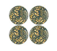 Gold Foliage Coaster Set - Round Glass Floral Gift - Set of Four (4) Drinks Coasters