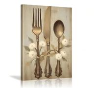 Gold Fork Knife Spoon And White Flowers Painting Prints， Vintage Country Still Life Canvas Art Posters For Home Bathroom 21x30cm Withframe