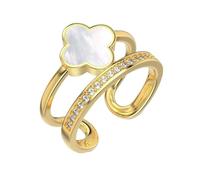 Gold Four Leaf Clover Ring for Women, Adjustable Open Cubic Zirconia Ring, Exquisite Sparkling Zircon Jewelry for Women (White)