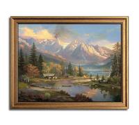 Gold Framed Vintage Wall Art Nature Mountain Landscape Painting Canvas Print Bedroom Kitchen Living Room Farmhouse Wall Decor (cabin, 12" L x 9.5" W)