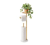 Gold Free Standing Toilet Paper Holder with Large 20cm Tray, 1kg Heavier Marble Base, Free Standing Paper Holder with Phone Shelf, Holds 5 Rolls of Paper