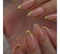 Gold French Pointed Nails Medium Almond, 3D Line Stars French Pointed Nails, Designer Reusable Acrylic Nail Sheets, Nail Glue, Nail False Nails