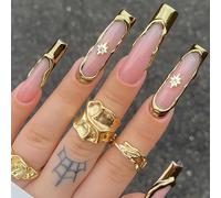 Gold French Tip Press on Nails - 24Pcs Long Square False Nails - Nude Nails with Gold Glitter Edge & Star Design - Full Cover Acrylic Fake Nails with Glue - Stick On Nails for Women