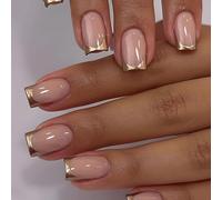 Gold French Tip Press-on Nails - Medium Square Nude Pink Glitter Design, Full Cover Artificial Luxury False Nails, 24pcs DIY Decoration Set