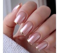 Gold French Tip Stick on Nails - 24PCS Pink Pearl False Nails with Glue - Medium Length Square Fake nails - Glossy French Manicure Press on Nails - Strong Acrylic Nail Tips for Women Nail Art at Home
