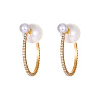Gold Geometric Pearl Hoop Earrings with Crystal Accents, French Ins-Style Statement Drop Earrings for Women, Trendy Everyday Jewelry