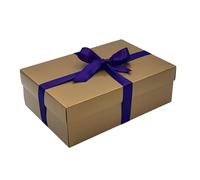 Gold Gift Box with Lid | Pick Your Ribbon Colour | Large Memory or Hamper Boxes | Flat-Packed Gift Boxes for Presents, Birthday or Baby Gifts | Size 30x20x10cm (Purple Ribbon 48)