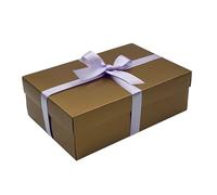 Gold Gift Box with Lid | Pick Your Ribbon Colour | Large Memory or Hamper Boxes | Flat-Packed Gift Boxes for Presents, Birthday or Baby Gifts | Size 30x20x10cm (Lilac Ribbon 40)