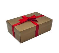 Gold Gift Box with Lid | Pick Your Ribbon Colour | Large Memory or Hamper Boxes | Flat-Packed Gift Boxes for Presents, Birthday or Baby Gifts | Size 30x20x10cm (Red Ribbon 35)
