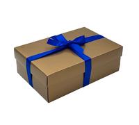 Gold Gift Box with Lid | Pick Your Ribbon Colour | Large Memory or Hamper Boxes | Flat-Packed Gift Boxes for Presents, Birthday or Baby Gifts | Size 30x20x10cm (Royal Blue Ribbon 75)