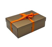 Gold Gift Box with Lid | Pick Your Ribbon Colour | Large Memory or Hamper Boxes | Flat-Packed Gift Boxes for Presents, Birthday or Baby Gifts | Size 30x20x10cm (Orange Ribbon 26)