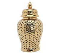 Gold Ginger Jar, Ginger Jar with Lid Lattice Ceramic 5.9x11inch Hollow Decorative Gold Ginger Jar Minimalist Ginger Jars for Home Decor Vase Living Room TV Stand