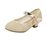 Gold Girls' Princess Low Heel Glitter Shoes Sparkly Mary Jane Shoes - Metallic Strap Buckle Leather Footwear Soft Sole Dress Shoe for Party School Birthday Prom Cosplay