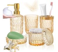 Gold Glass Bathroom Accessories Set - 5Pcs Bathroom Accessories Complete Set,Modern Bathroom Decor With Soap Dispenser, Dish, Toothbrush Holder, Tumbler, Cotton Swab Jars