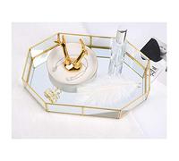 Hggzeg Gold Glass Mirrored Tray, Polygon Metal Decorative Tray Jewelry Perfume Organizer Makeup Tray for Vanity, Dresser, Bathroom, Bedroom (Small)