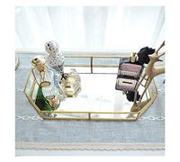 Gold Glass Mirrored Tray, Polygon Metal Decorative Tray Jewelry Perfume Organizer Makeup Tray for Vanity, Dresser, Bathroom, Bedroom (Large)
