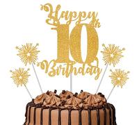 Gold Glitter 10th Birthday Cake Topper Set - 5 Piece Premium Glitter Birthday Decoration & Party Supplies for Men, Women & Kids - 10th Birthday
