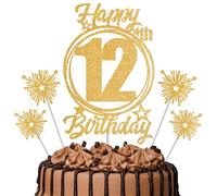 Gold Glitter 12th Birthday Cake Topper Set with Sparkle Picks - Happy Birthday Cake Decorations for Cake Smash, Milestone Parties & Dessert Table Décor