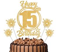Gold Glitter 15th Birthday Cake Topper Set with Sparkle Picks - Happy Birthday Cake Decorations for Cake Smash, Milestone Parties & Dessert Table Décor