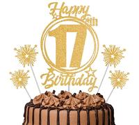 Gold Glitter 17th Birthday Cake Topper Set with Sparkle Picks - Happy Birthday Cake Decorations for Cake Smash, Milestone Parties & Dessert Table Décor