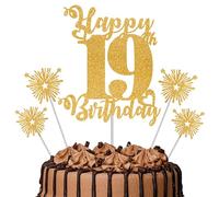 Gold Glitter 19th Birthday Cake Topper Set - 5 Piece Premium Glitter Birthday Decoration & Party Supplies for Men, Women & Kids - 19th Birthday