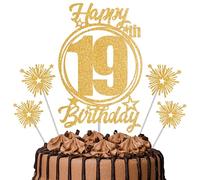 Gold Glitter 19th Birthday Cake Topper Set with Sparkle Picks - Happy Birthday Cake Decorations for Cake Smash, Milestone Parties & Dessert Table Décor
