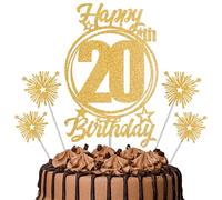 Gold Glitter 20th Birthday Cake Topper Set with Sparkle Picks - Happy Birthday Cake Decorations for Cake Smash, Milestone Parties & Dessert Table Décor
