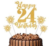 Gold Glitter 24th Birthday Cake Topper Set - 5 Piece Premium Glitter Birthday Decoration & Party Supplies for Men, Women & Kids - 24th Birthday