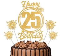Gold Glitter 25th Birthday Cake Topper Set with Sparkle Picks - Happy Birthday Cake Decorations for Cake Smash, Milestone Parties & Dessert Table Décor