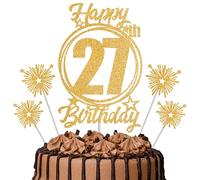 Gold Glitter 27th Birthday Cake Topper Set with Sparkle Picks - Happy Birthday Cake Decorations for Cake Smash, Milestone Parties & Dessert Table Décor