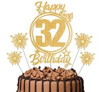 Gold Glitter 32nd Birthday Cake Topper Set with Sparkle Picks - Happy Birthday Cake Decorations for Cake Smash, Milestone Parties & Dessert Table Décor