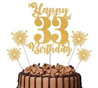 Gold Glitter 33rd Birthday Cake Topper Set - 5 Piece Premium Glitter Birthday Decoration & Party Supplies for Men, Women & Kids - 33rd Birthday