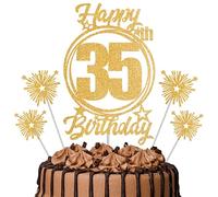 Gold Glitter 35th Birthday Cake Topper Set with Sparkle Picks - Happy Birthday Cake Decorations for Cake Smash, Milestone Parties & Dessert Table Décor