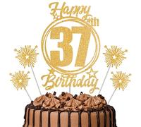 Gold Glitter 37th Birthday Cake Topper Set with Sparkle Picks - Happy Birthday Cake Decorations for Cake Smash, Milestone Parties & Dessert Table Décor