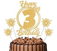 Gold Glitter 3rd Birthday Cake Topper Set with Sparkle Picks - Happy Birthday Cake Decorations for Cake Smash, Milestone Parties & Dessert Table Décor