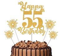 Gold Glitter 55th Birthday Cake Topper Set - 5 Piece Premium Glitter Birthday Decoration & Party Supplies for Men, Women & Kids - 55th Birthday