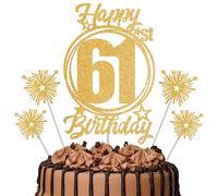Gold Glitter 61st Birthday Cake Topper Set with Sparkle Picks - Happy Birthday Cake Decorations for Cake Smash, Milestone Parties & Dessert Table Décor