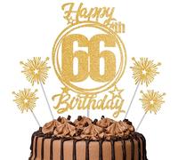 Gold Glitter 66th Birthday Cake Topper Set with Sparkle Picks - Happy Birthday Cake Decorations for Cake Smash, Milestone Parties & Dessert Table Décor